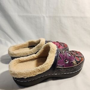 Floral Embroidered Mules with Faux Fur Lining